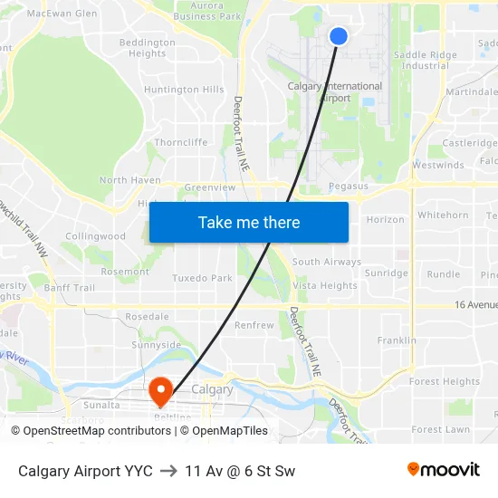 Calgary Airport YYC to 11 Av @ 6 St Sw map