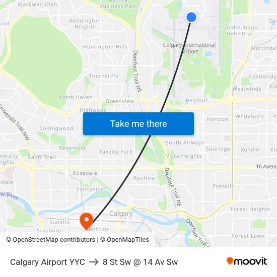 Calgary Airport YYC to 8 St Sw @ 14 Av Sw map