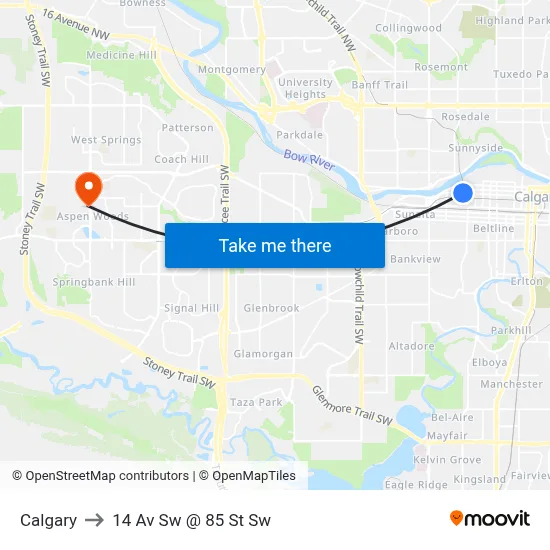 Calgary to 14 Av Sw @ 85 St Sw map