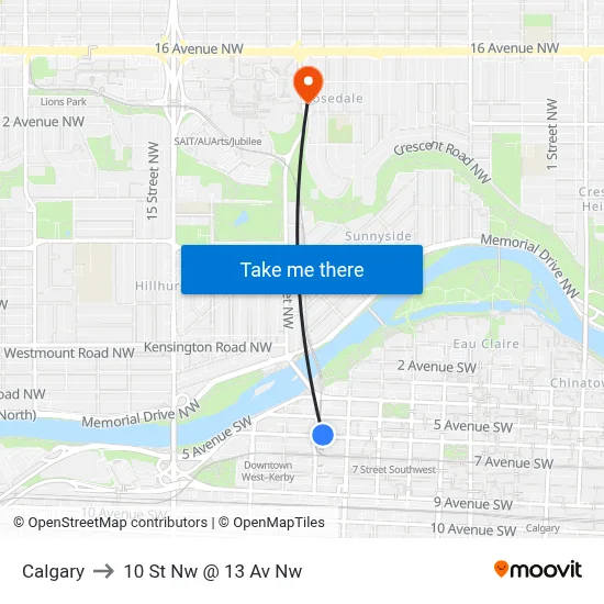 Calgary to 10 St Nw @ 13 Av Nw map