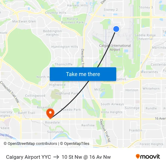 Calgary Airport YYC to 10 St Nw @ 16 Av Nw map