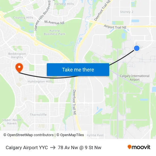 Calgary Airport YYC to 78 Av Nw @ 9 St Nw map