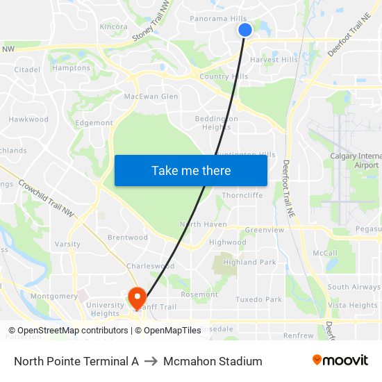 North Pointe Terminal A to Mcmahon Stadium map