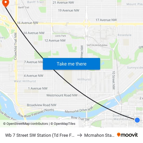 Wb 7 Street SW Station (Td Free Fare Zone) to Mcmahon Stadium map