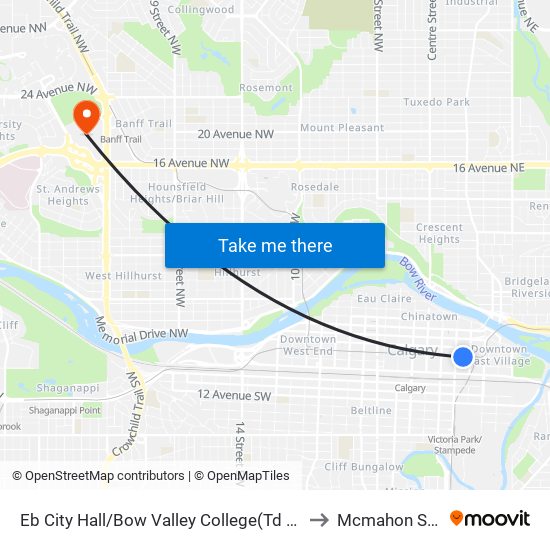 Eb City Hall/Bow Valley College(Td Free Fare Zone) to Mcmahon Stadium map