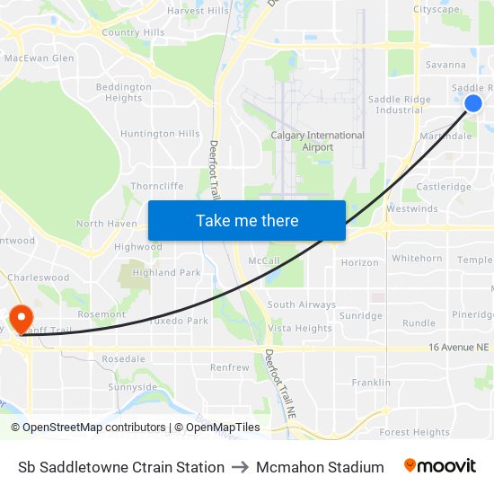 Sb Saddletowne Ctrain Station to Mcmahon Stadium map