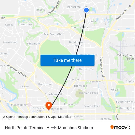 North Pointe Terminal H to Mcmahon Stadium map