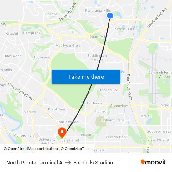 North Pointe Terminal A to Foothills Stadium map