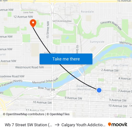 Wb 7 Street SW Station (Td Free Fare Zone) to Calgary Youth Addiction Services Centre map