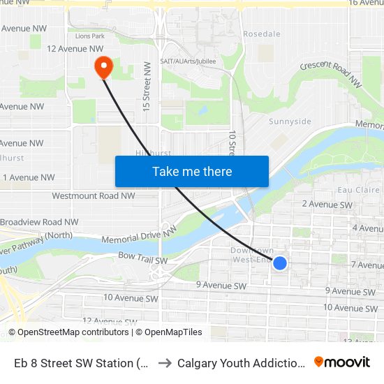 Eb 8 Street SW Station (Td Free Fare Zone) to Calgary Youth Addiction Services Centre map