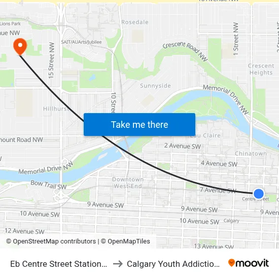 Eb Centre Street Station (Free Fare Zone) to Calgary Youth Addiction Services Centre map