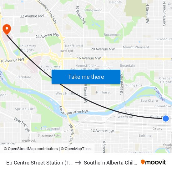 Eb Centre Street Station (Td Free Fare Zone) to Southern Alberta Children's Hospital map