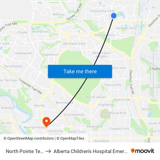 North Pointe Terminal A to Alberta Children's Hospital Emergency Entrance map