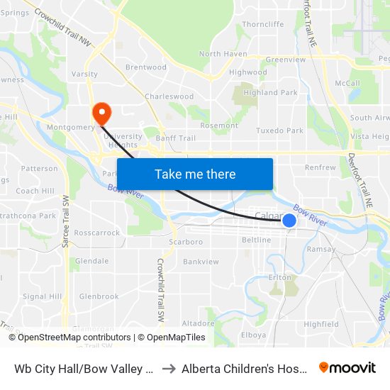 Wb City Hall/Bow Valley College(Td Free Fare Zone) to Alberta Children's Hospital Emergency Entrance map