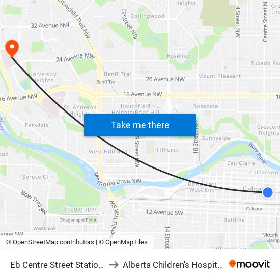 Eb Centre Street Station (Td Free Fare Zone) to Alberta Children's Hospital Emergency Entrance map