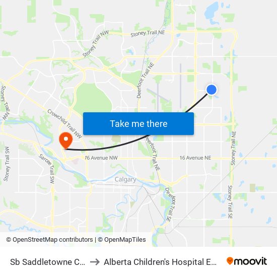 Sb Saddletowne Ctrain Station to Alberta Children's Hospital Emergency Entrance map
