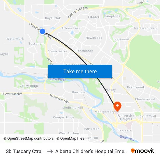 Sb Tuscany Ctrain Station to Alberta Children's Hospital Emergency Entrance map