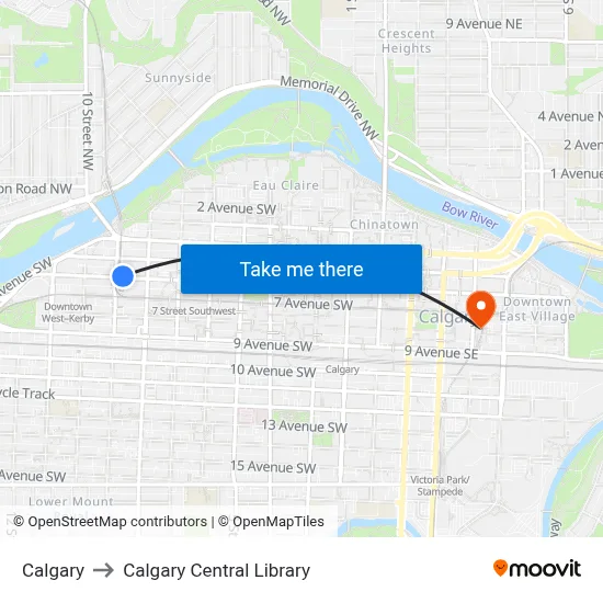 Calgary to Calgary Central Library map