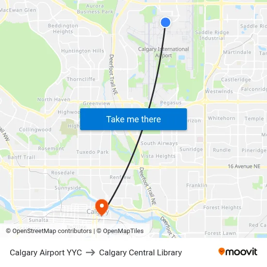 Calgary Airport YYC to Calgary Central Library map