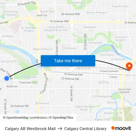 Calgary AB Westbrook Mall to Calgary Central Library map