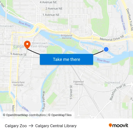 Calgary Zoo to Calgary Central Library map