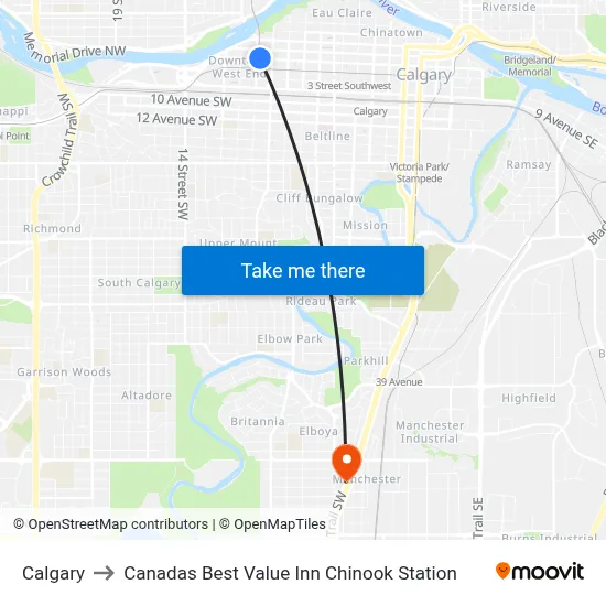 Calgary to Canadas Best Value Inn Chinook Station map