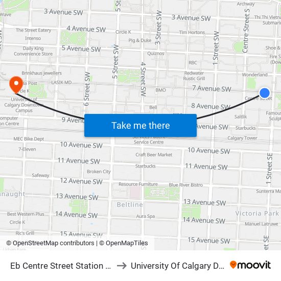 Eb Centre Street Station (Td Free Fare Zone) to University Of Calgary Downtown Campus map