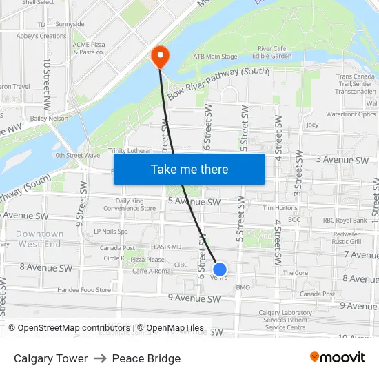 Calgary Tower to Peace Bridge map
