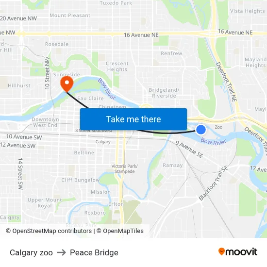 Calgary zoo to Peace Bridge map