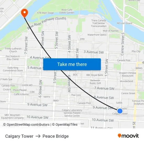 Calgary Tower to Peace Bridge map
