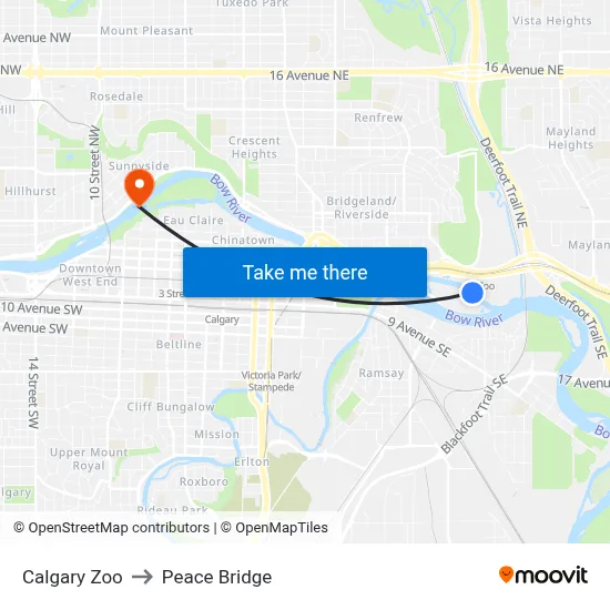 Calgary Zoo to Peace Bridge map
