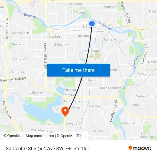 Sb Centre St S @ 4 Ave SW to Stettler map