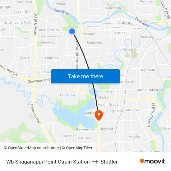 Wb Shaganappi Point Ctrain Station to Stettler map