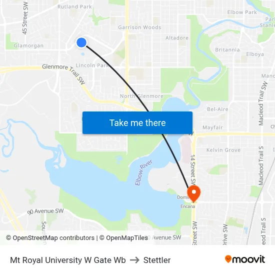 Mt Royal University W Gate Wb to Stettler map