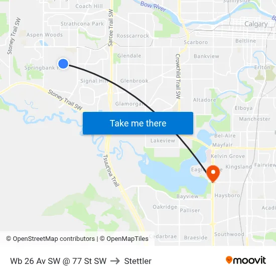 Wb 26 Av SW @ 77 St SW to Stettler map