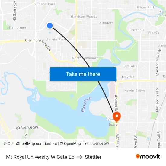 Mt Royal University W Gate Eb to Stettler map