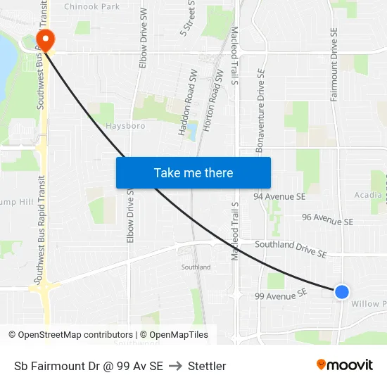 Sb Fairmount Dr @ 99 Av SE to Stettler map