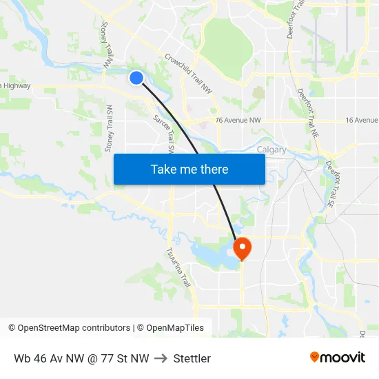 Wb 46 Av NW @ 77 St NW to Stettler map