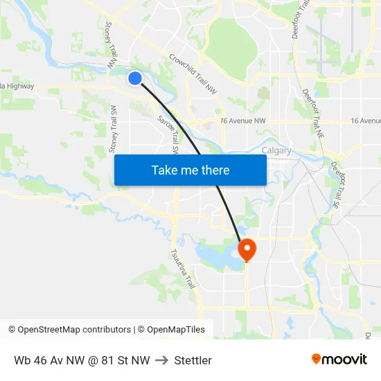 Wb 46 Av NW @ 81 St NW to Stettler map
