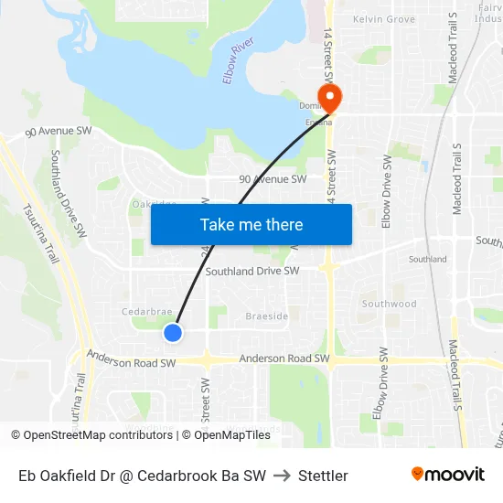 Eb Oakfield Dr @ Cedarbrook Ba SW to Stettler map