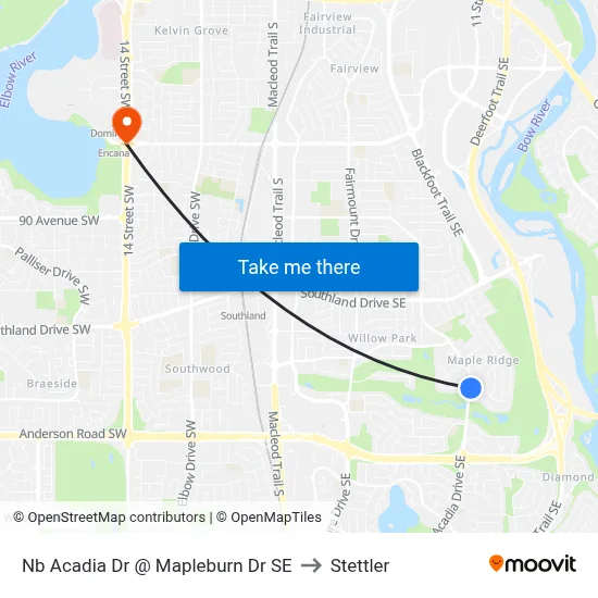 Nb Acadia Dr @ Mapleburn Dr SE to Stettler map