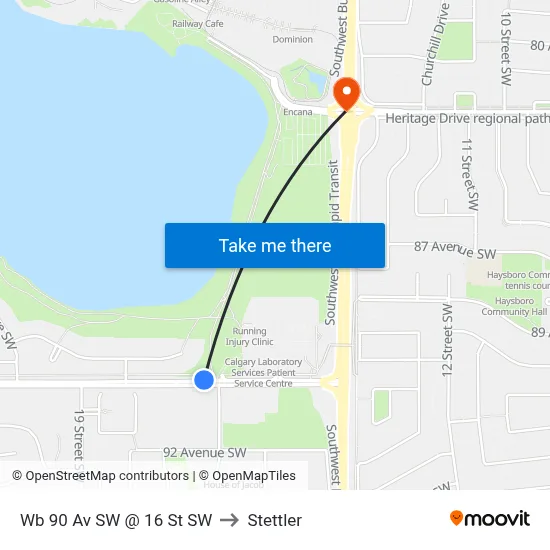 Wb 90 Av SW @ 16 St SW to Stettler map