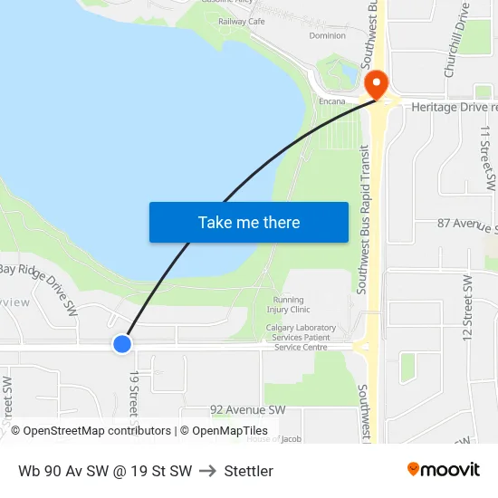Wb 90 Av SW @ 19 St SW to Stettler map