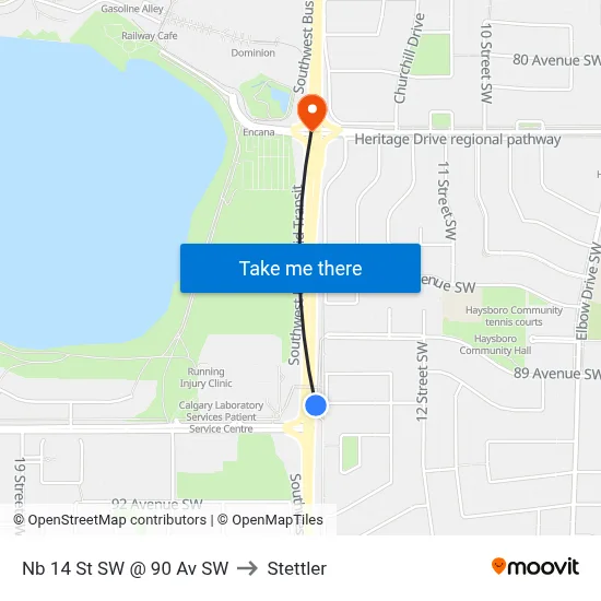 Nb 14 St SW @ 90 Av SW to Stettler map