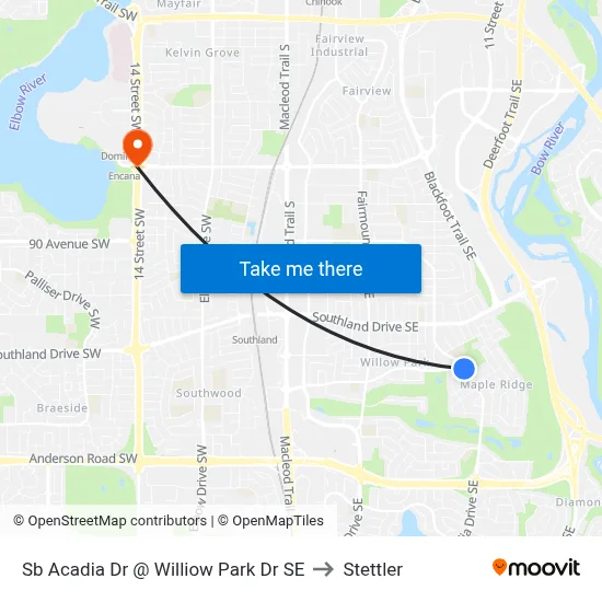 Sb Acadia Dr @ Williow Park Dr SE to Stettler map