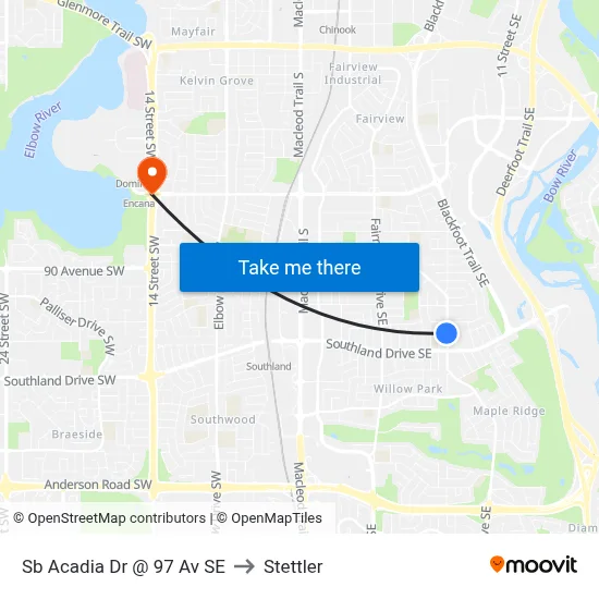 Sb Acadia Dr @ 97 Av SE to Stettler map