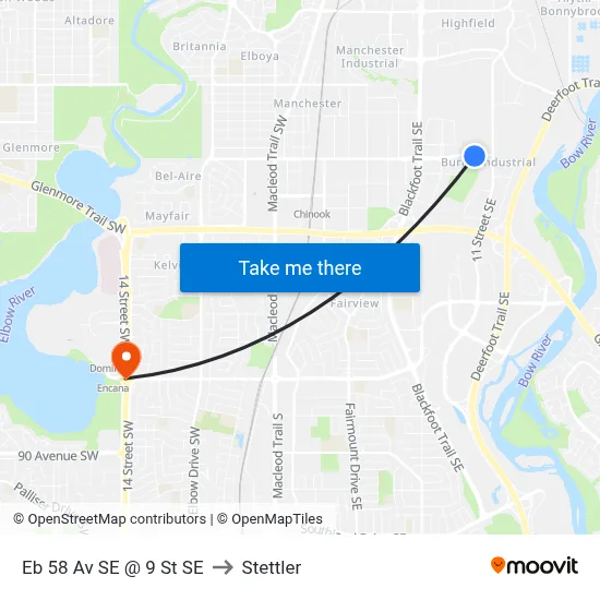 Eb 58 Av SE @ 9 St SE to Stettler map