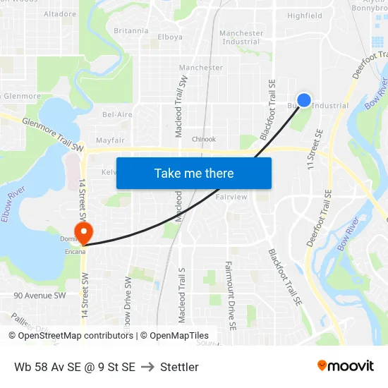Wb 58 Av SE @ 9 St SE to Stettler map