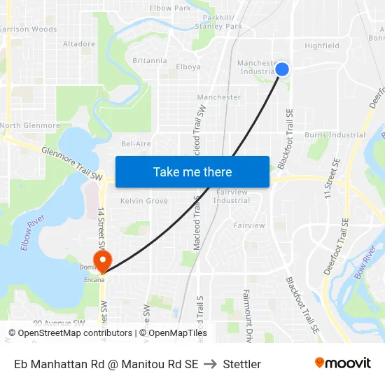 Eb Manhattan Rd @ Manitou Rd SE to Stettler map