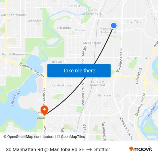 Sb Manhattan Rd @ Manitoba Rd SE to Stettler map